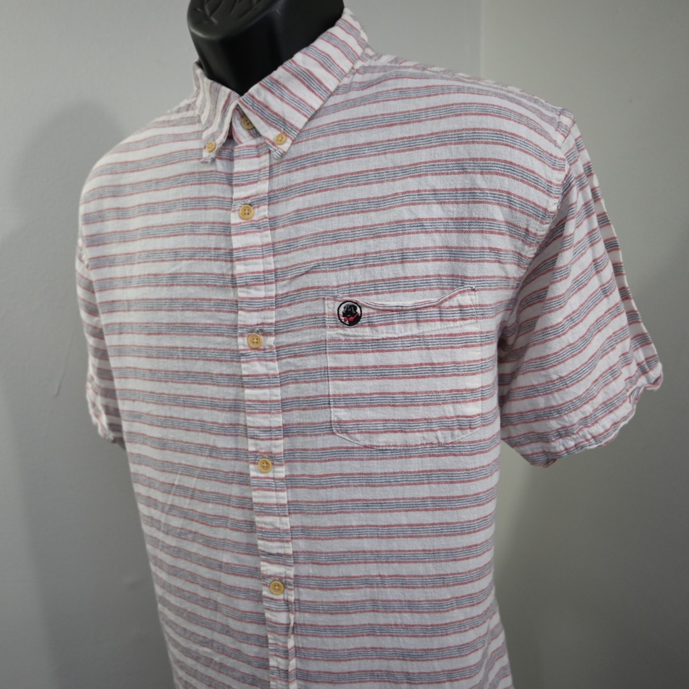 Southern Proper Button Up Mens XL White Red Striped Linen Cotton Short Sleeve‎